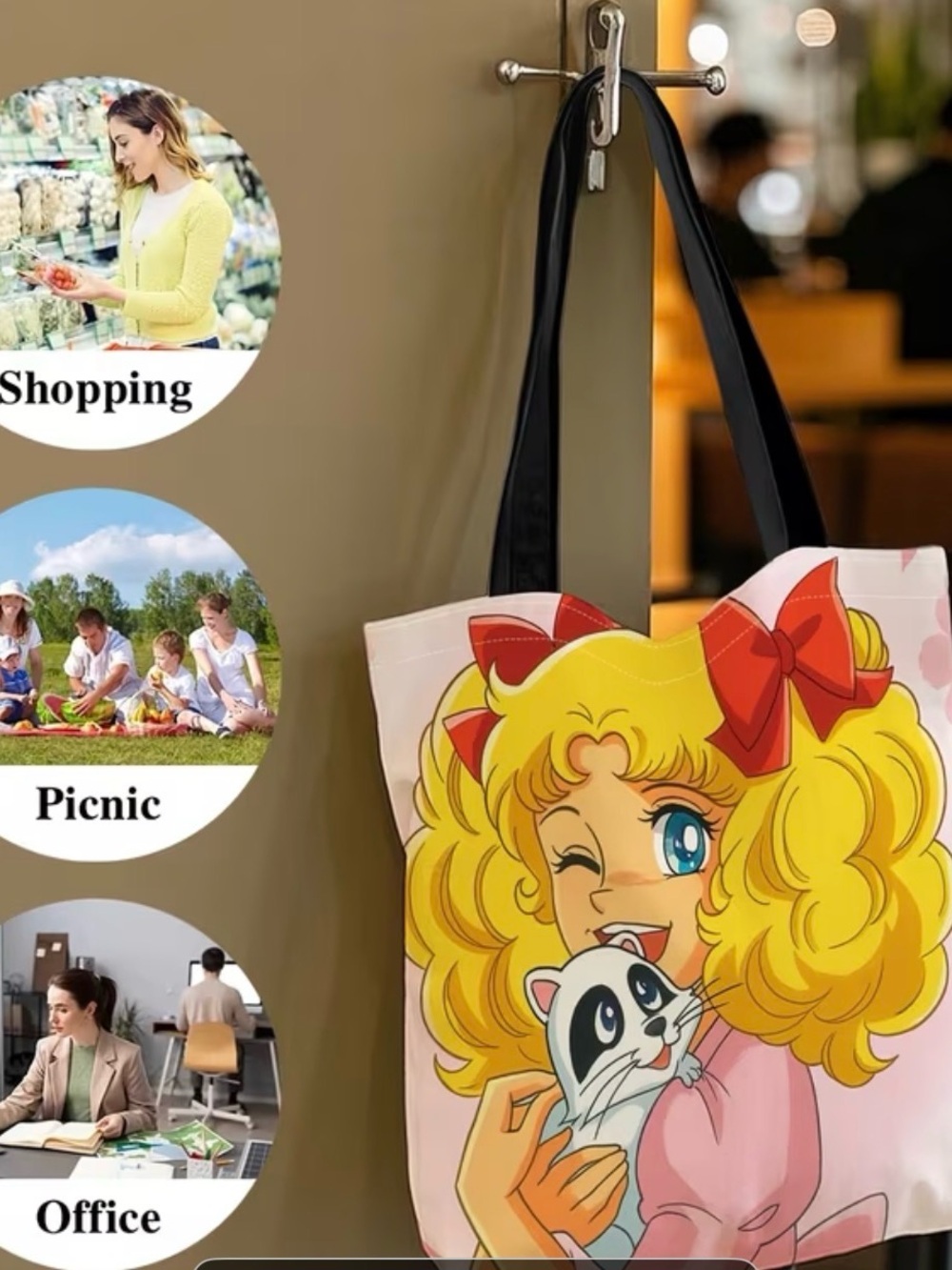 Cartoon Girl Print Tote Bag in Pink - Cute Casual Shoulder Bag